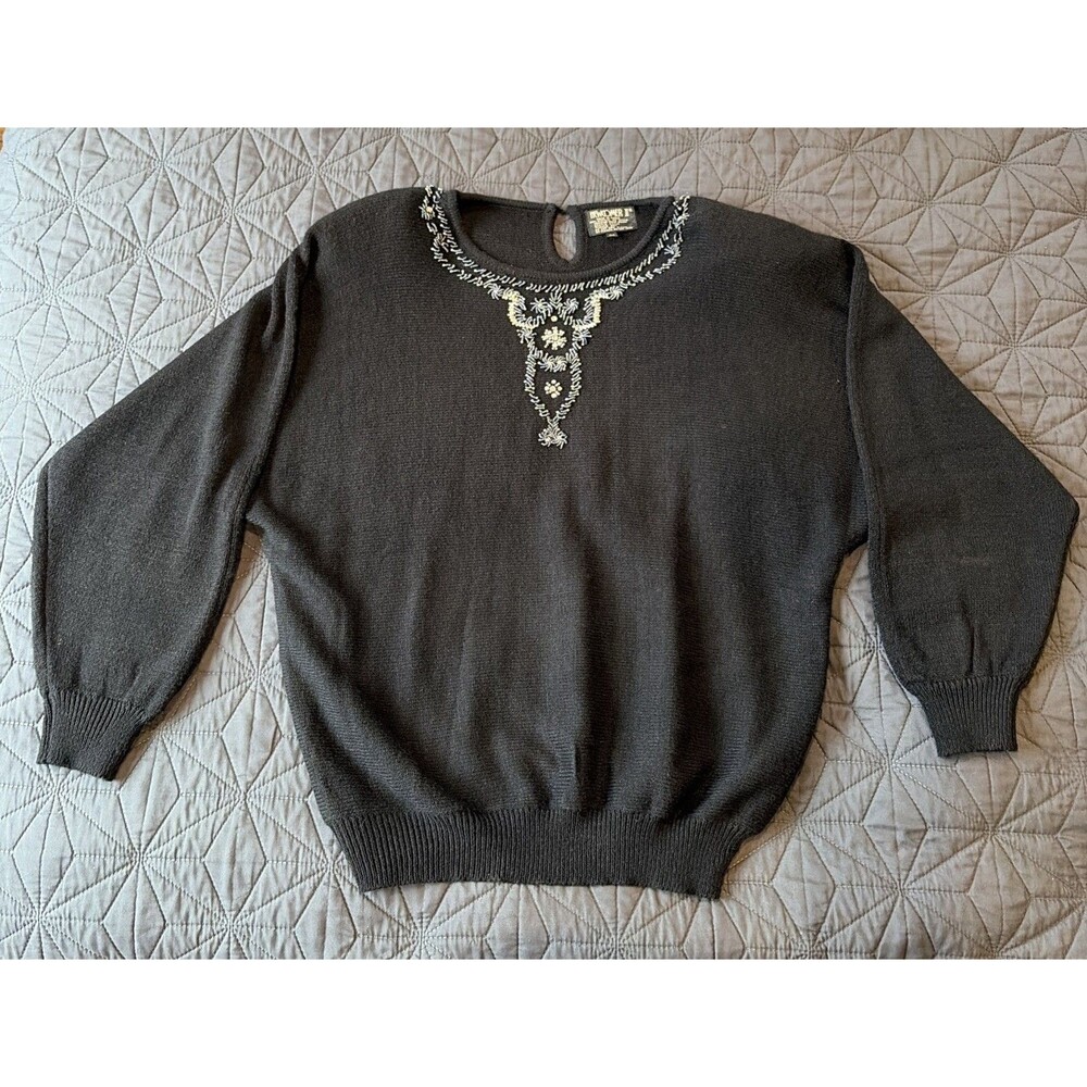 VTG WOMEN'S BLACK EMBELLISHED SWEATER CREW LONG SLEEVE KNIT SIZE 44 NewcomerII